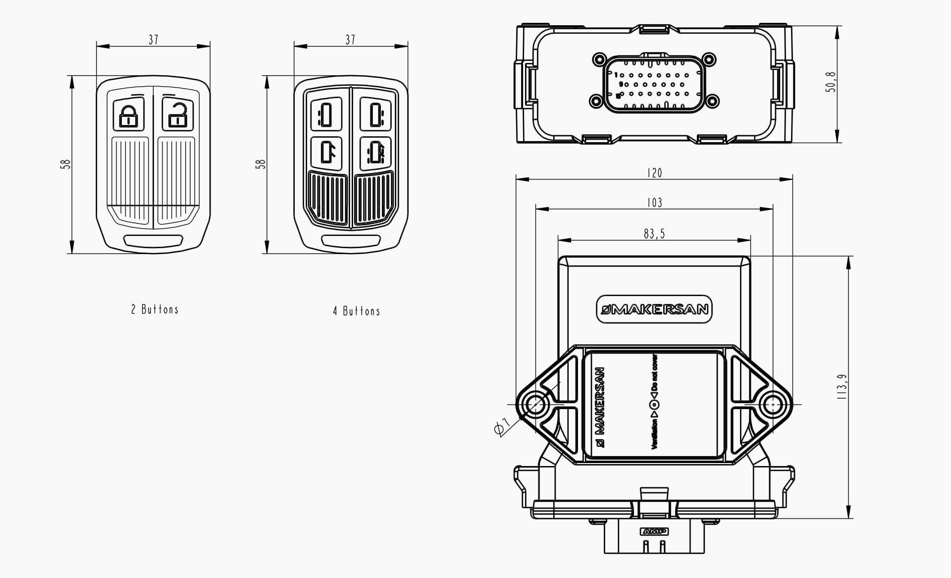 Technical drawing of Makersan MO-651 H3X module showing dimensions and mounting references.