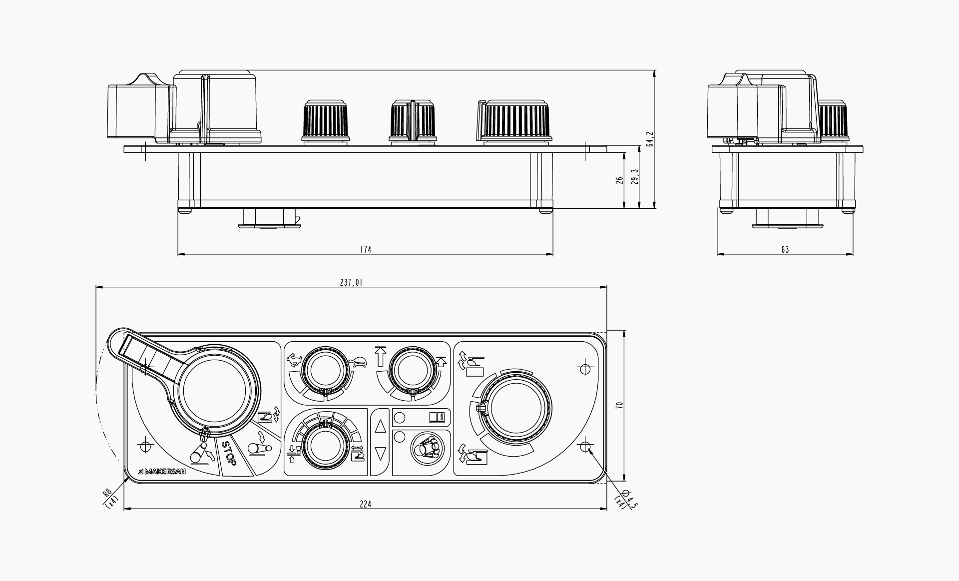 Technical drawing of Makersan MO-655 panel showing dimensions and layout references.