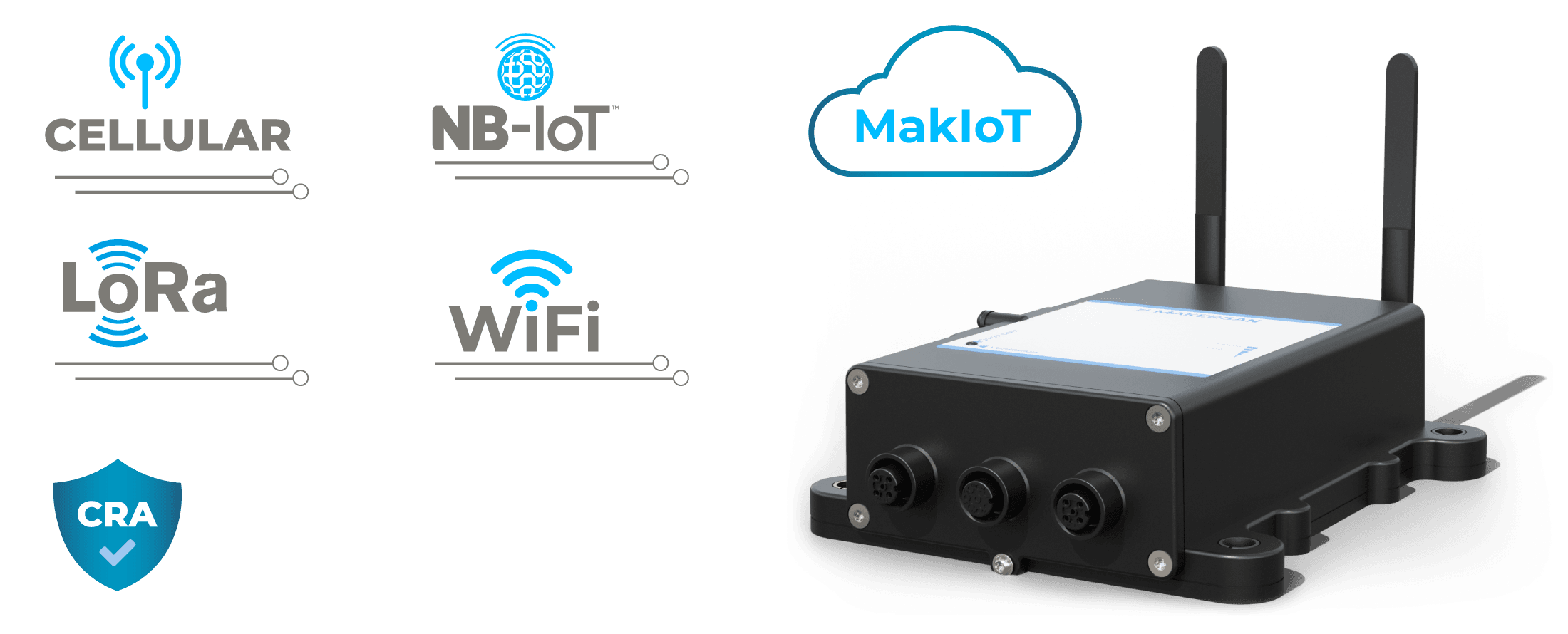Lineup of three Makersan telematics gateways shown side-by-side, each with a different I/O configuration: a heavy-duty automotive AMP / Deutsch connector on the left, a screw-terminal block in the centre, and three sealed M12 circular connectors with orange power tabs on the right.