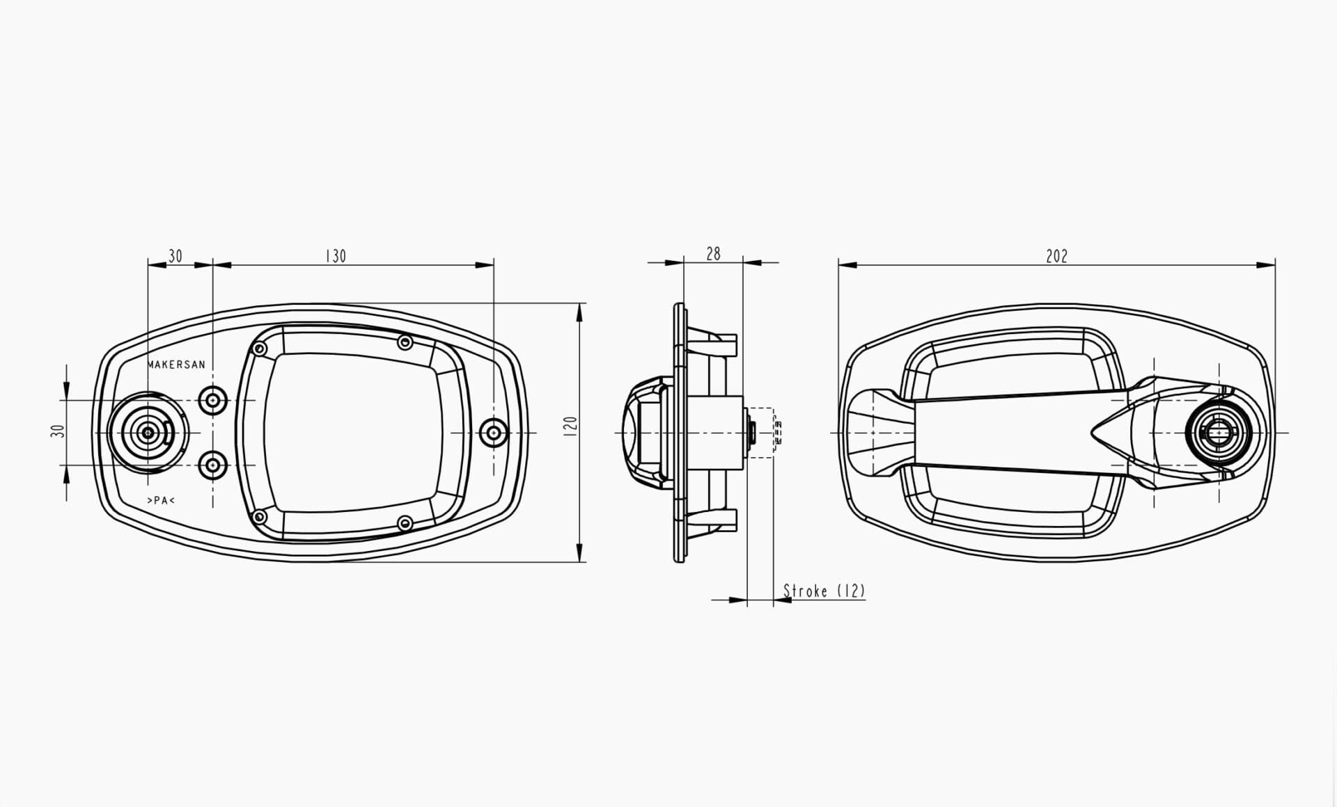 Technical drawing of the Makersan MO 026 door handle.
