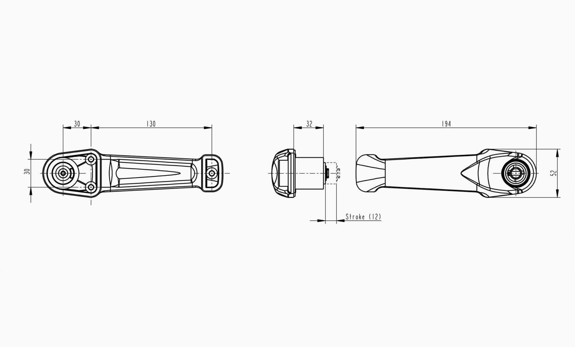Technical drawing of the Makersan MO 026-01 interior door handle.
