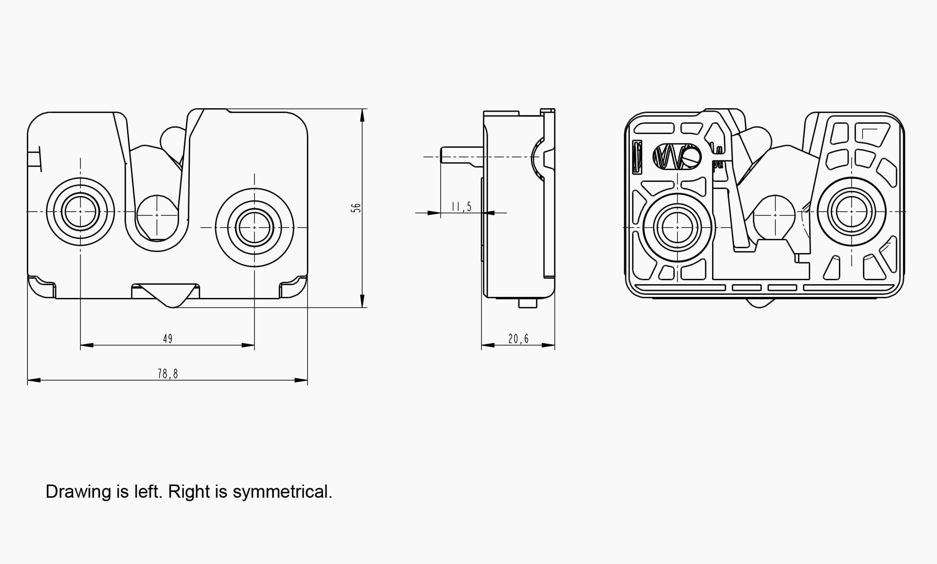 Technical drawing of the Makersan MO 020 latch.