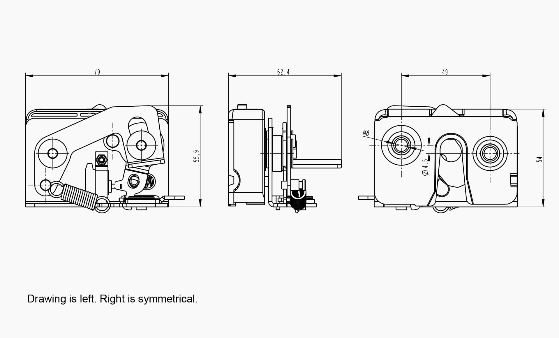 Technical drawing of the Makersan MO 020A latch.