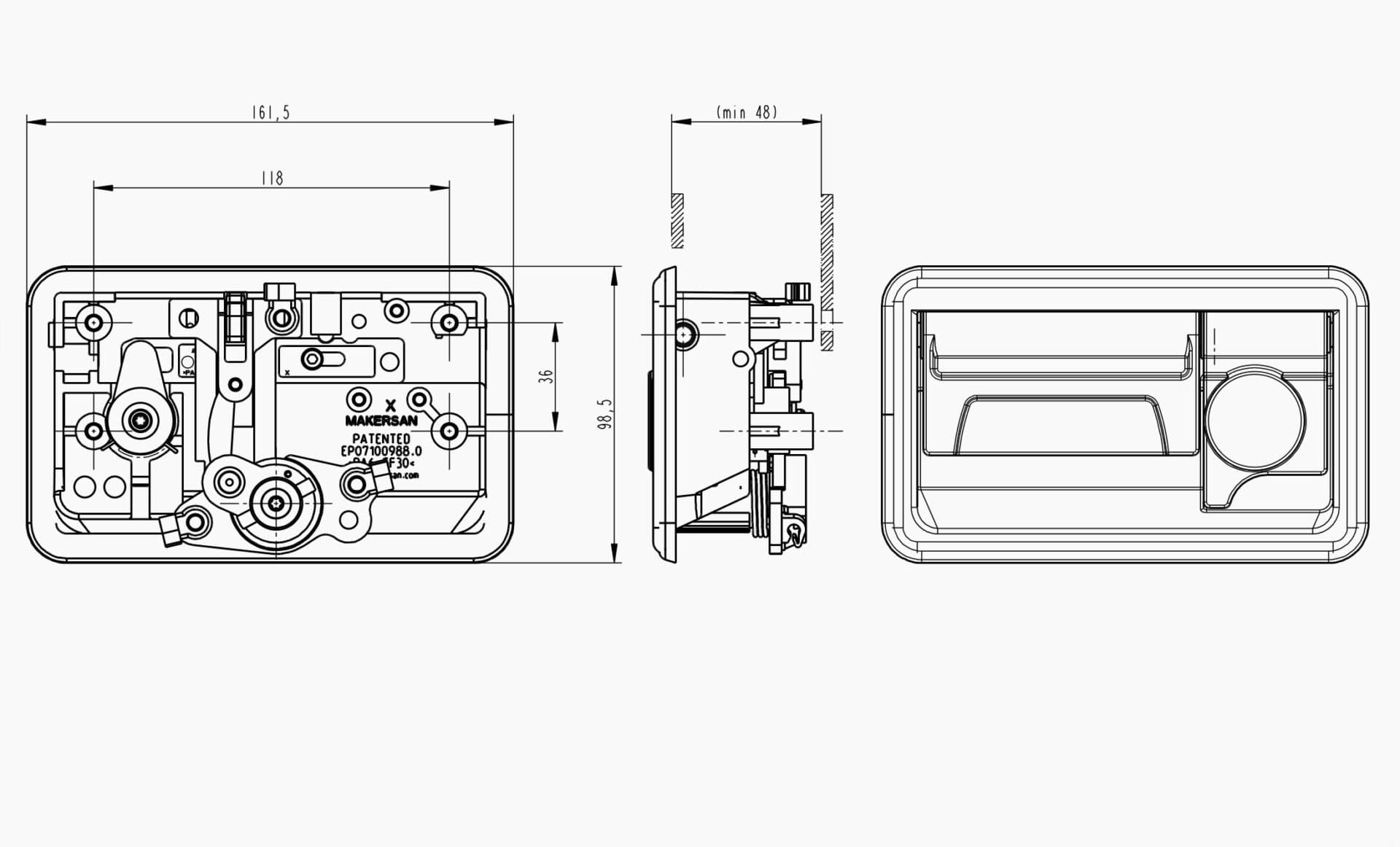 Technical drawing of the Makersan MO 021 luggage flap handle.