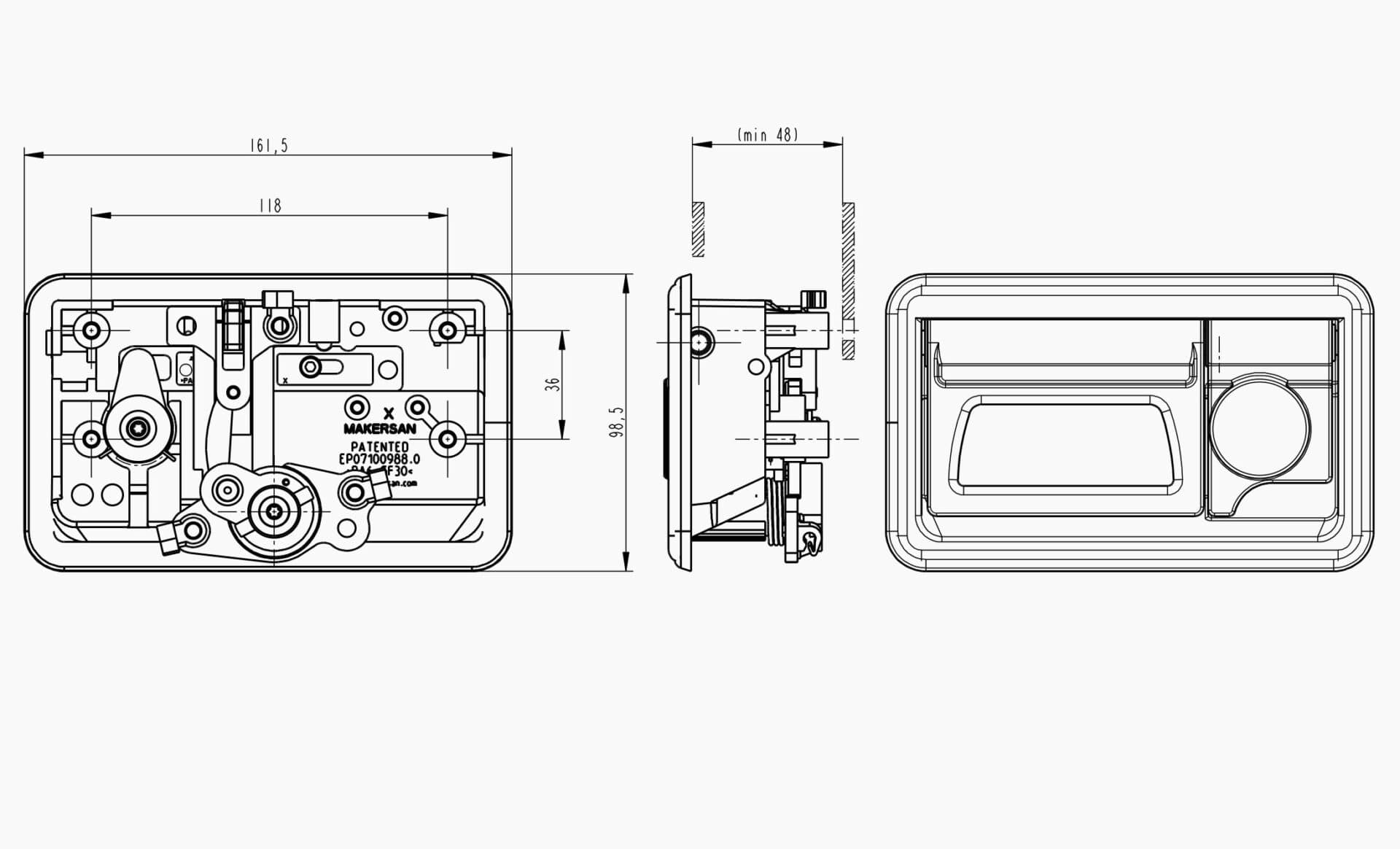 Technical drawing of the Makersan MO 023 luggage flap handle.