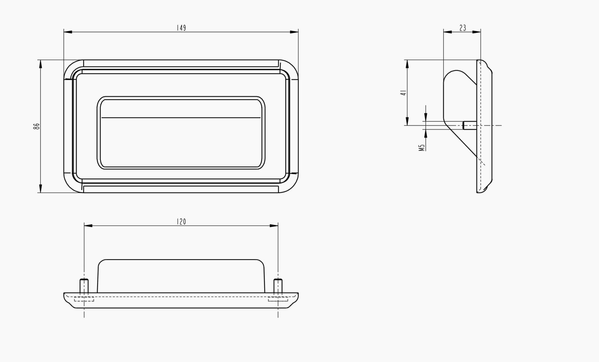 Technical drawing of the Makersan MO 027 luggage flap handle.