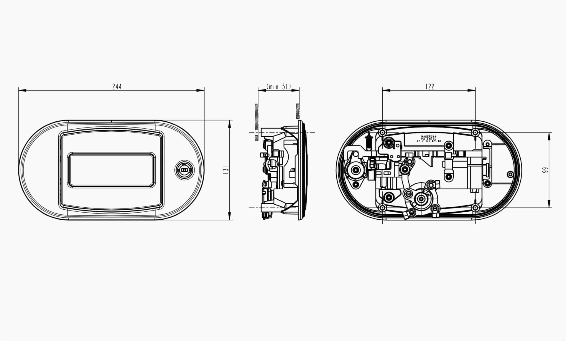 Technical drawing of the Makersan MO 032X luggage flap handle.