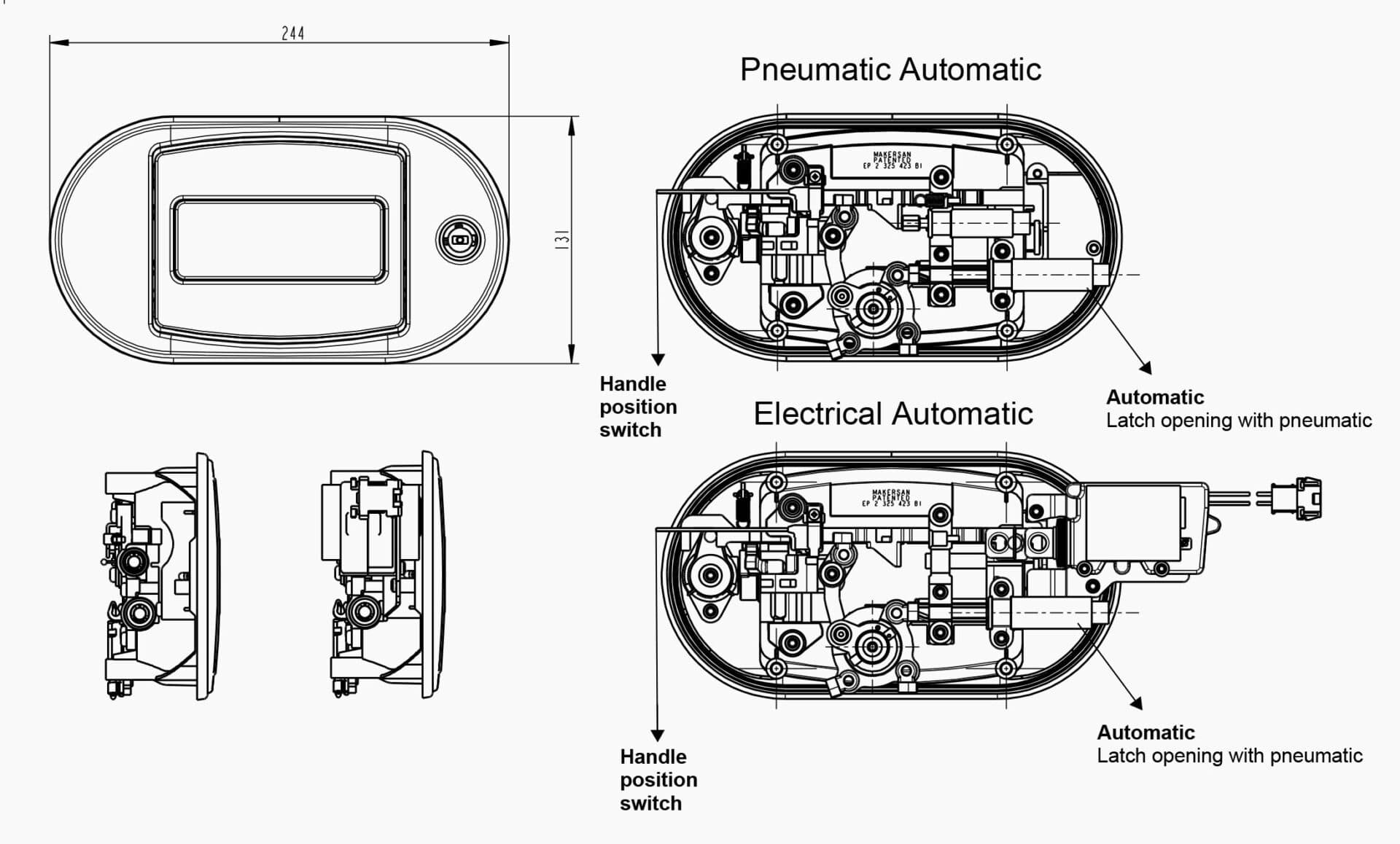 Technical drawing of the Makersan MO 032X-A luggage flap handle.
