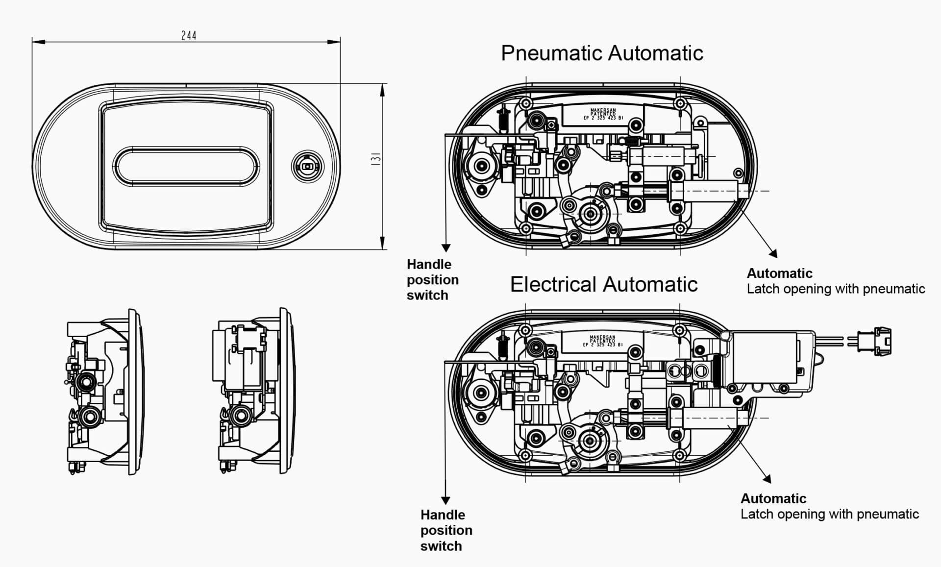 Technical drawing of the Makersan MO 032X-A-M luggage flap handle.