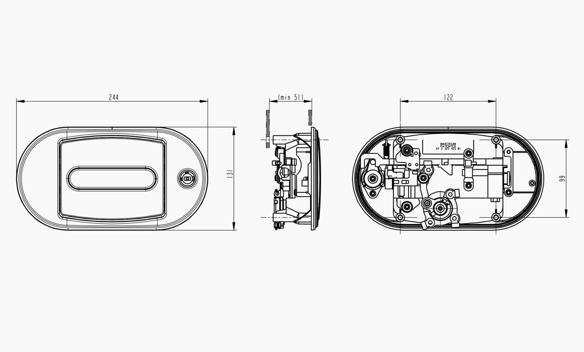 Technical drawing of the Makersan MO 032X-M luggage flap handle.