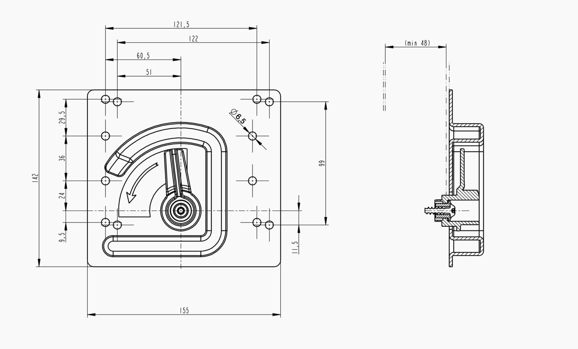 Technical drawing of the Makersan MO 052 luggage flap handle.