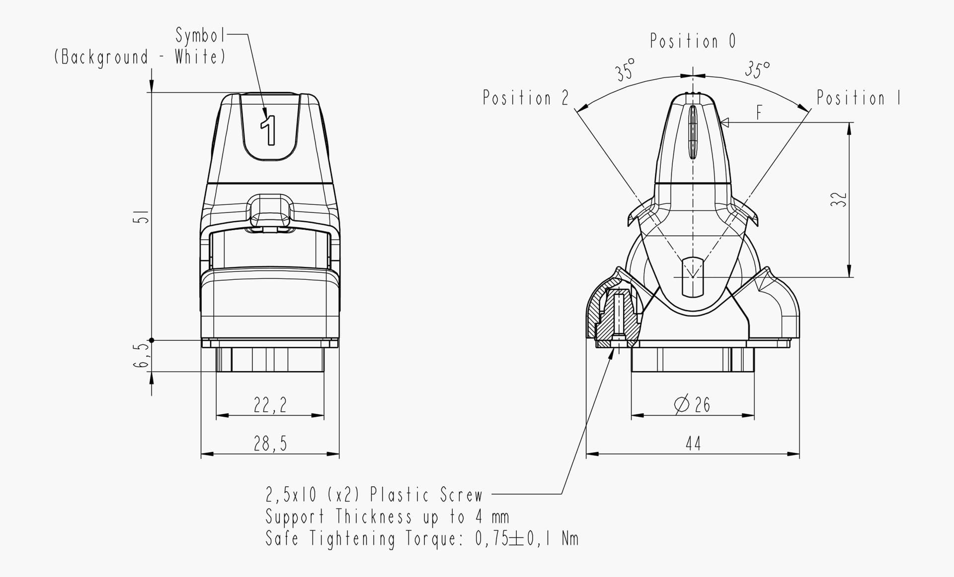 Technical drawing of the Makersan MO 377 fingertip joystick.