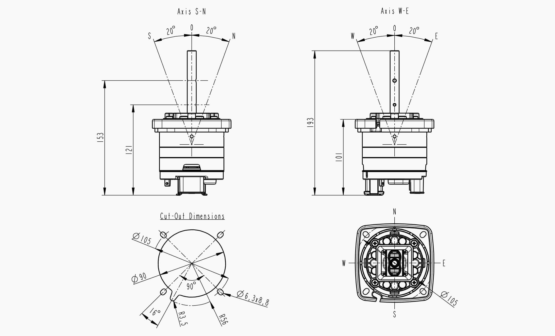 Technical drawing of the Makersan MO 390 joystick base.