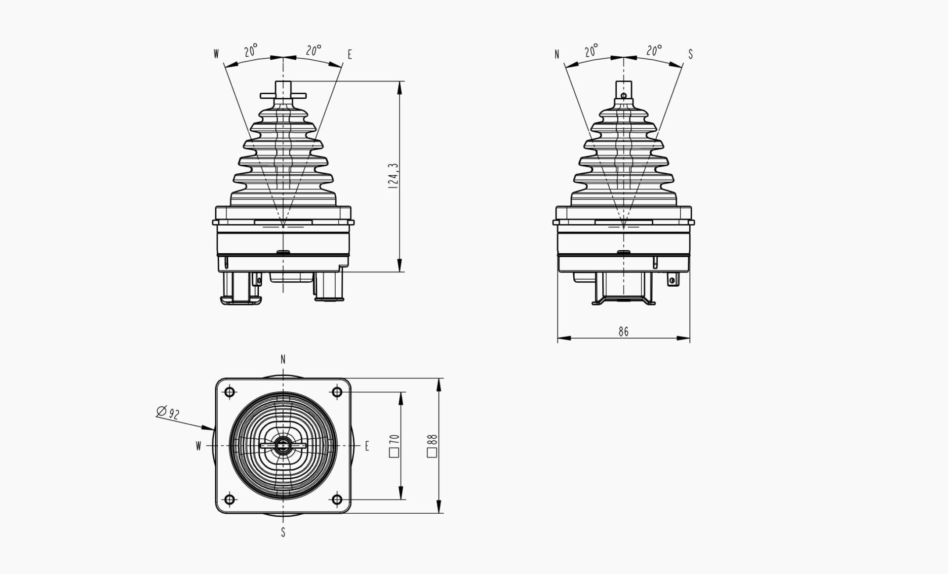 Technical drawing of the Makersan MO 391 joystick base.