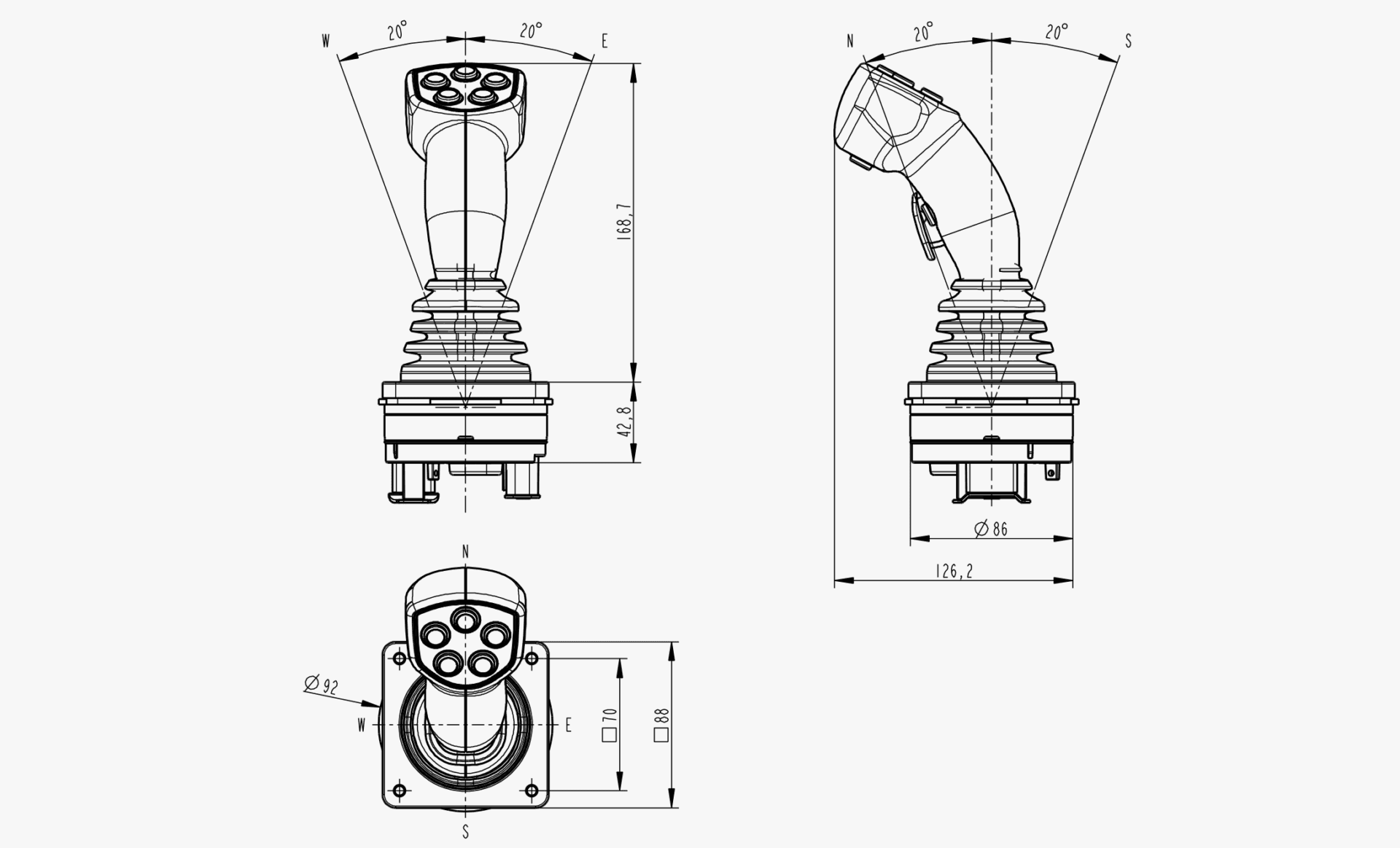 Technical drawing of the Makersan MO 391 & 387 joystick.