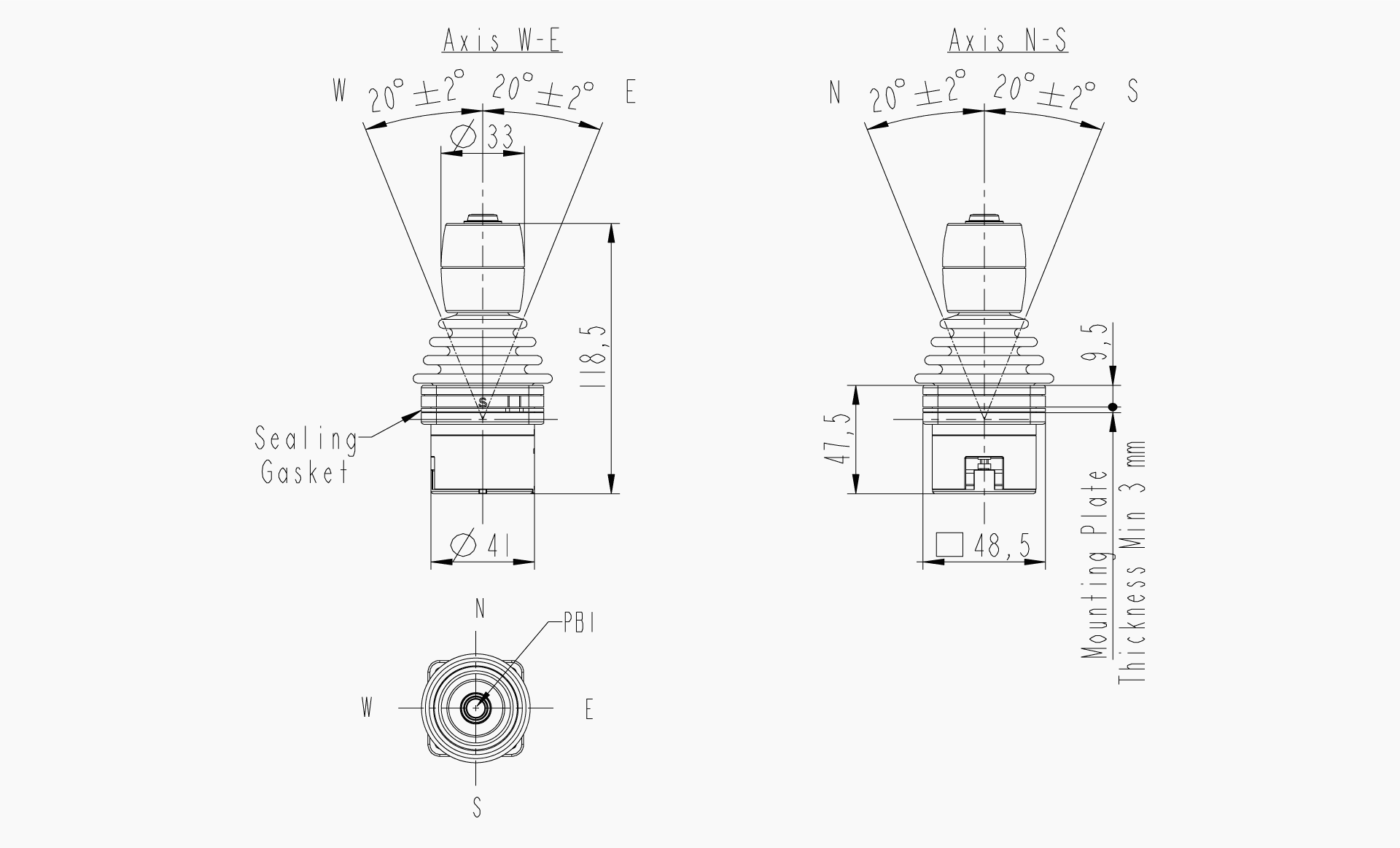 Technical drawing of the Makersan MO 395B mini joystick.
