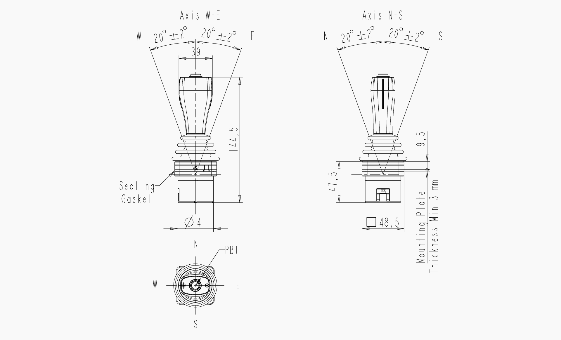 Technical drawing of the Makersan MO 395C mini joystick.