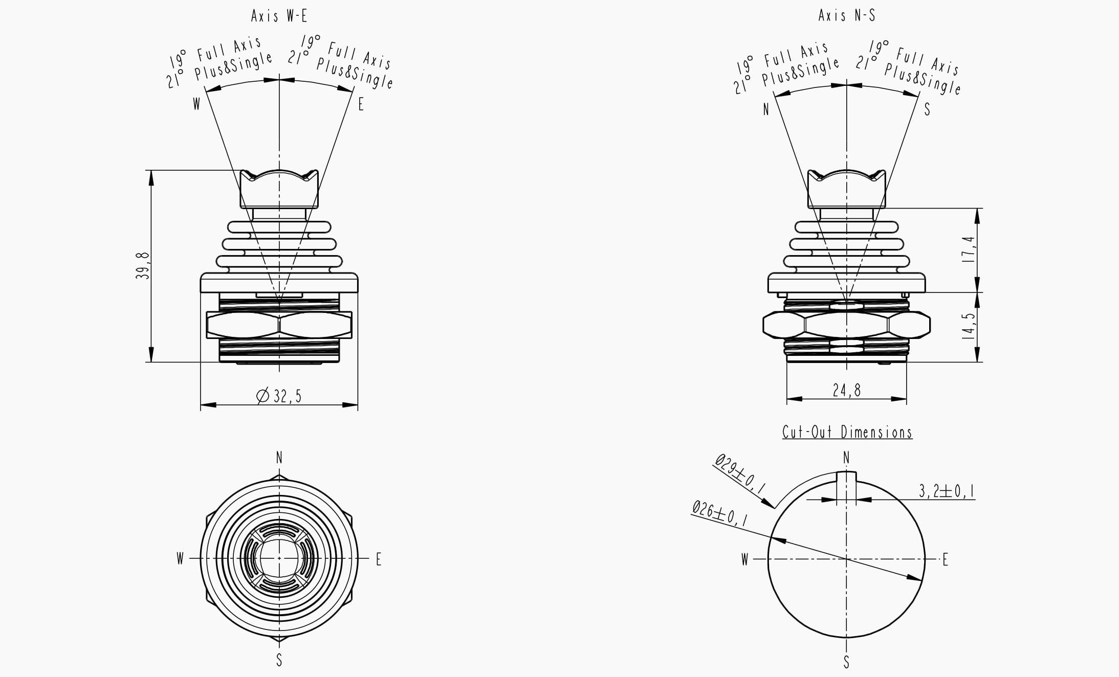 Technical drawing of the Makersan MO 397 micro joystick.