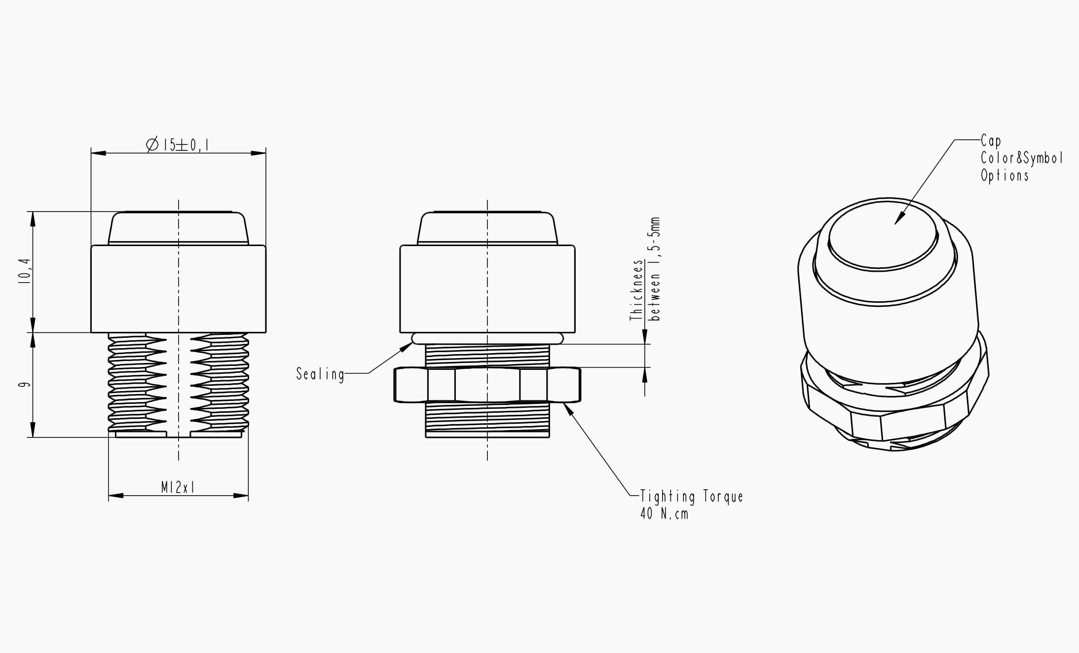 Technical drawing of the Makersan MO 392 push button.