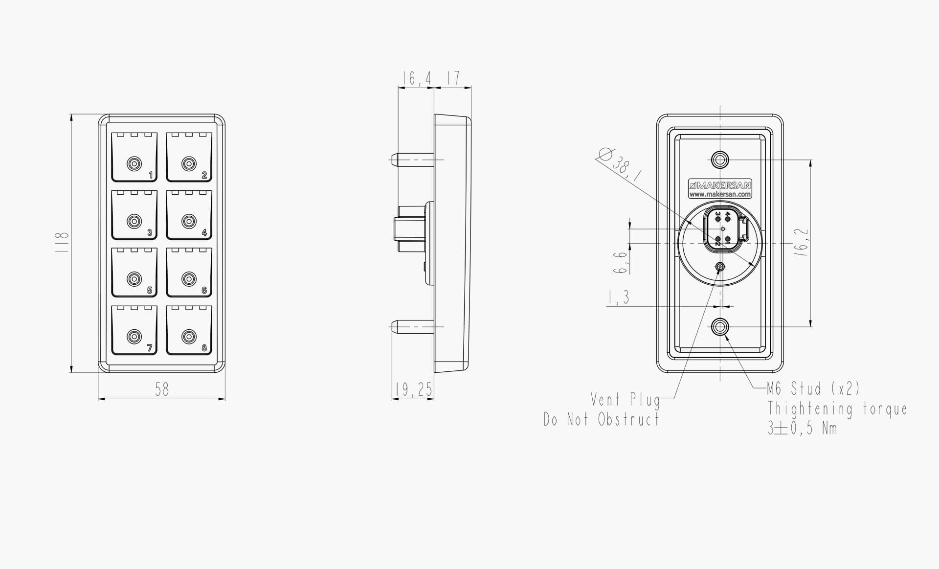 Technical drawing of the Makersan MO 405 H2X keypad.