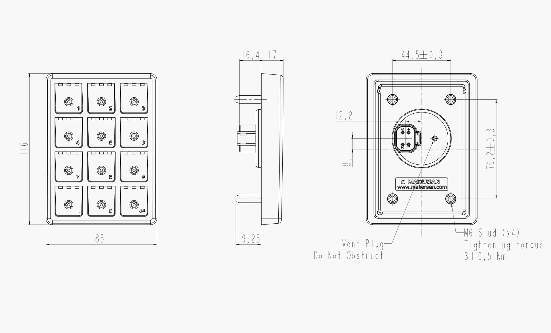 Technical drawing of the Makersan MO 405 H3X keypad.