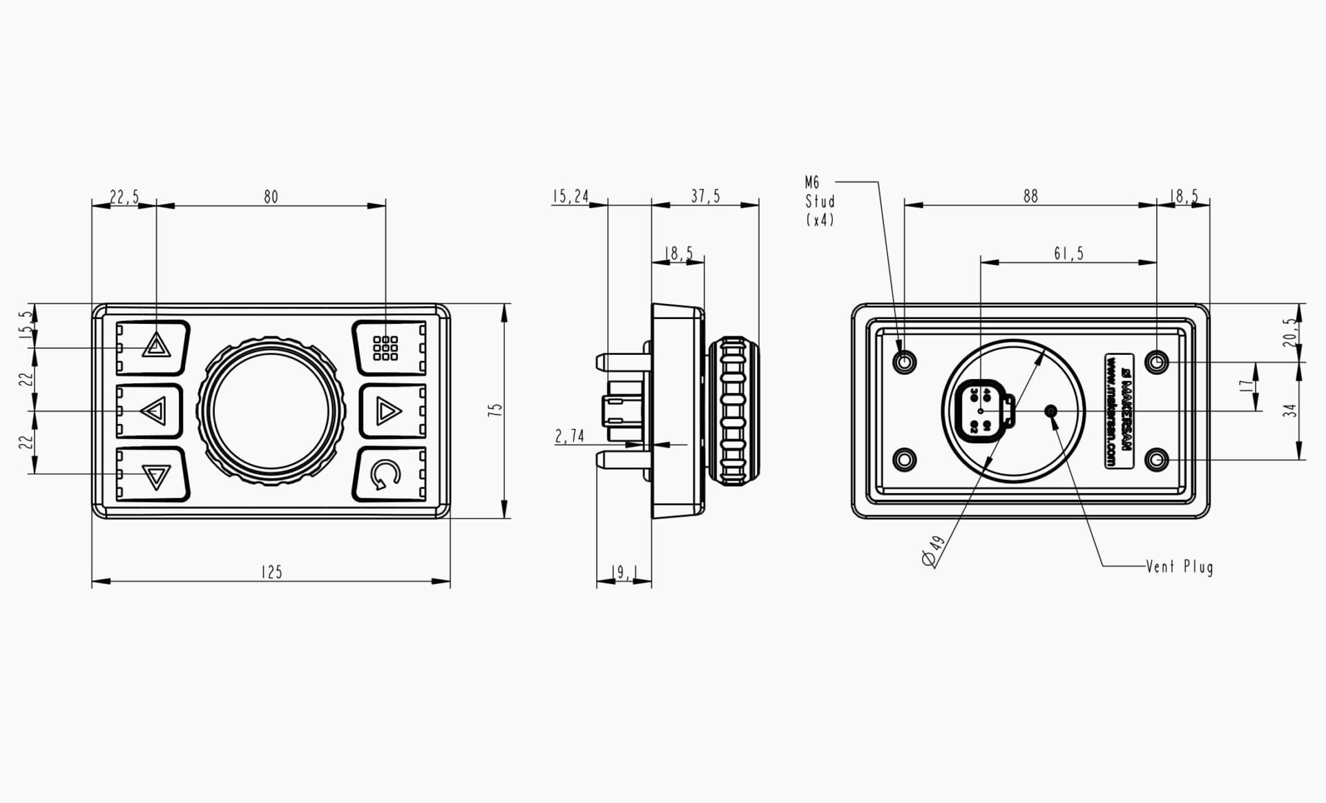 Technical drawing of the Makersan MO 406 H1X joystick keypad.