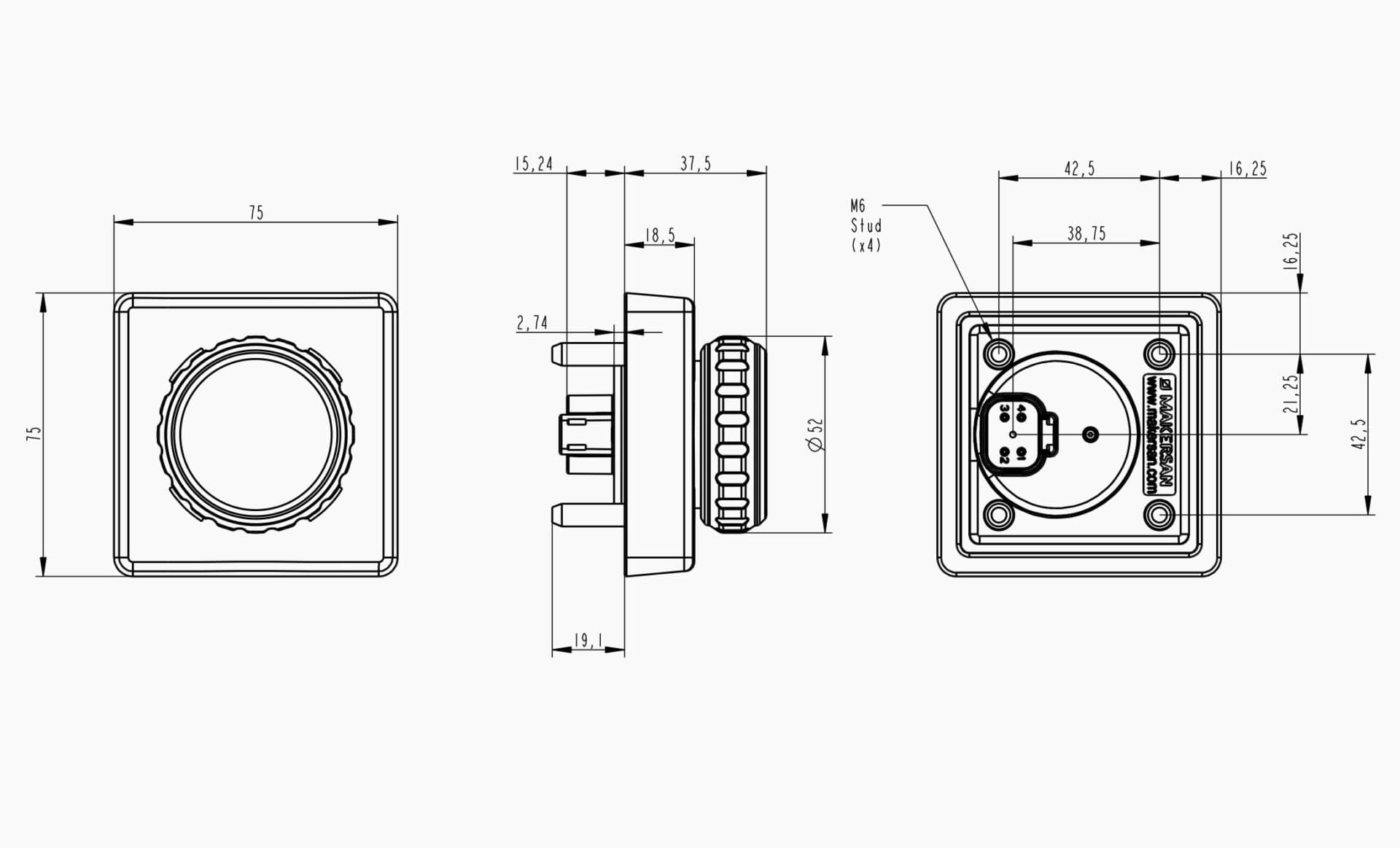 Technical drawing of the Makersan MO 407 H1X joystick keypad.