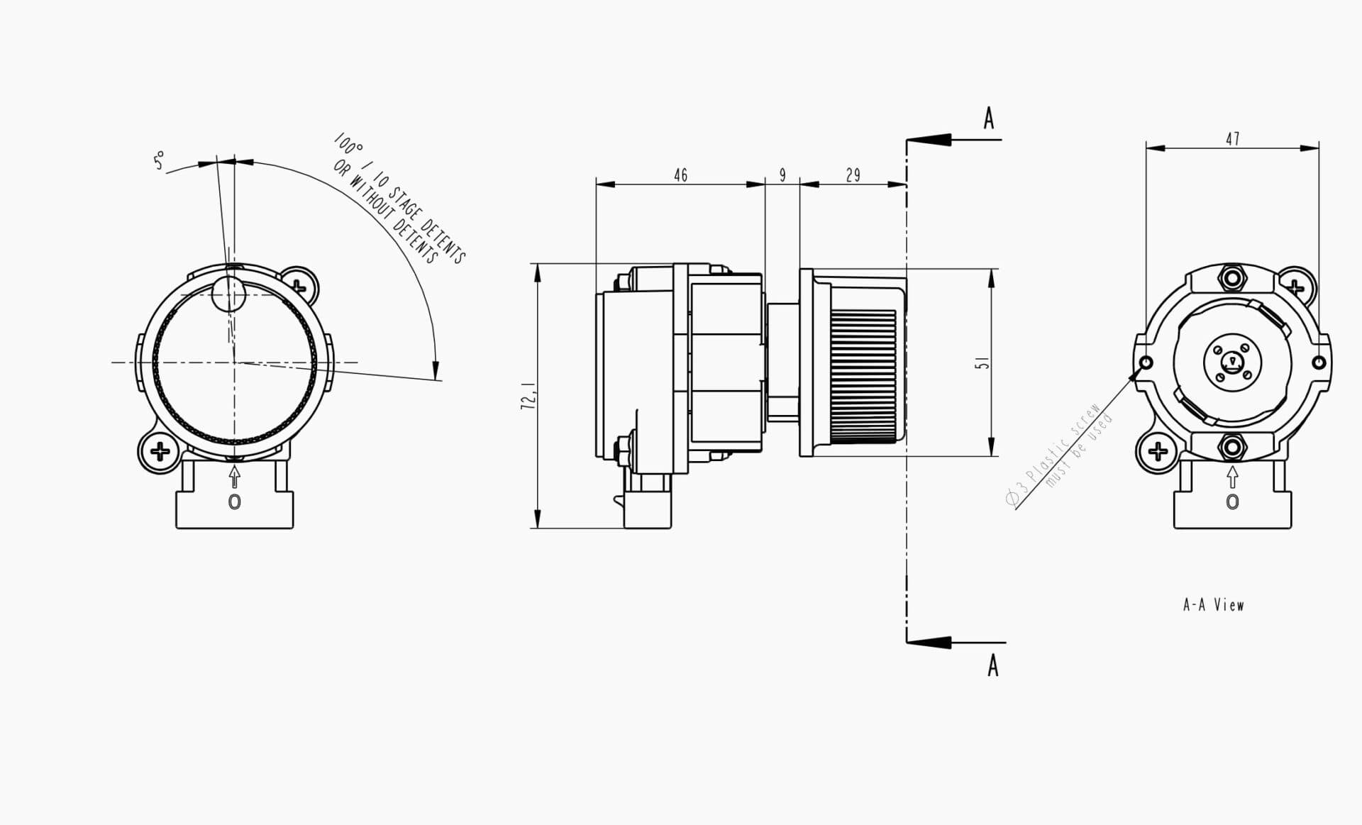 Technical drawing of the Makersan MO 375A rotary hand throttle.