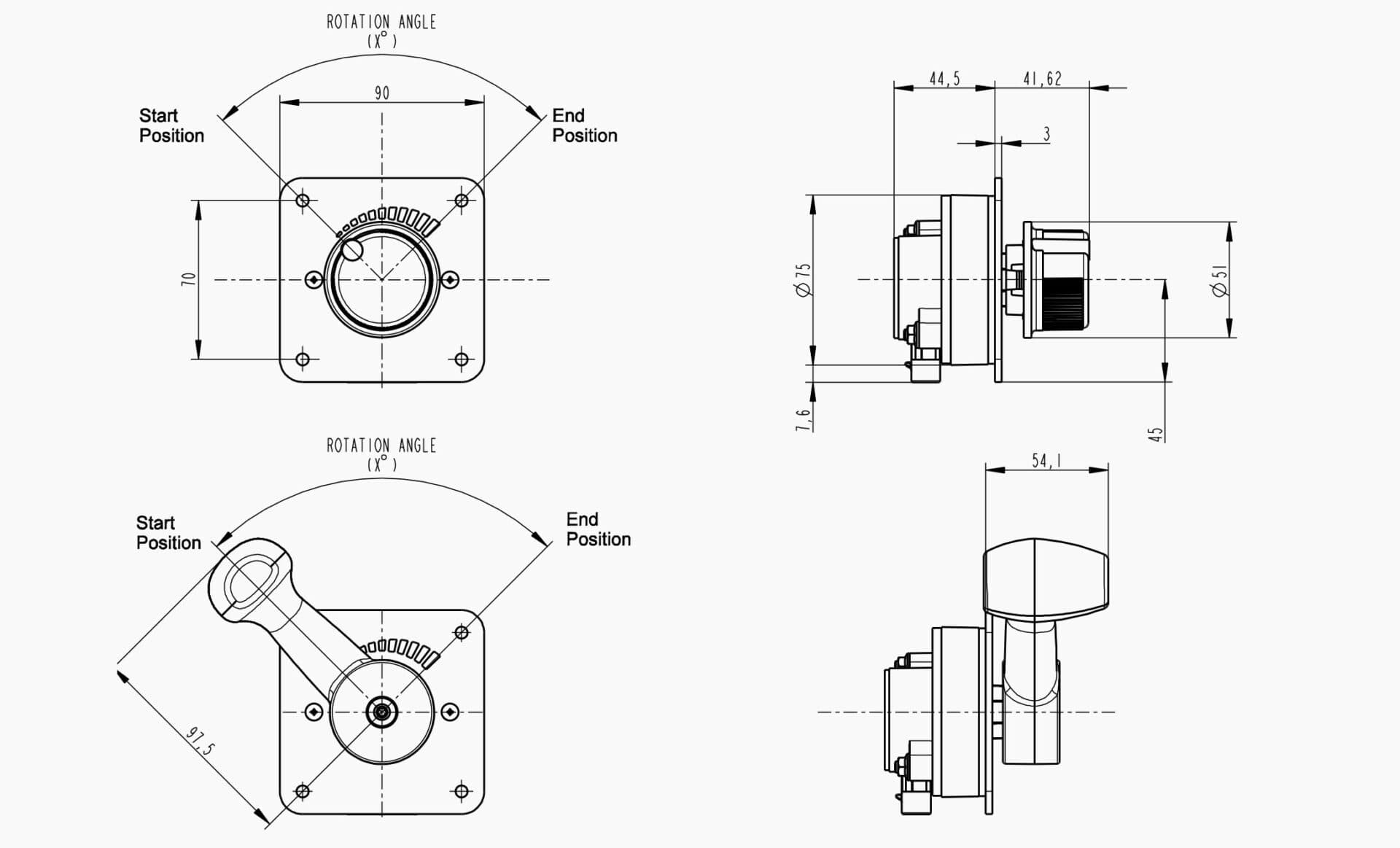 Technical drawing of the Makersan MO 376A rotary control lever.