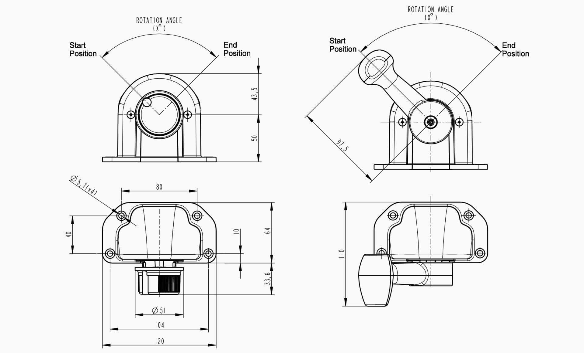 Technical drawing of the Makersan MO 376C rotary control lever.