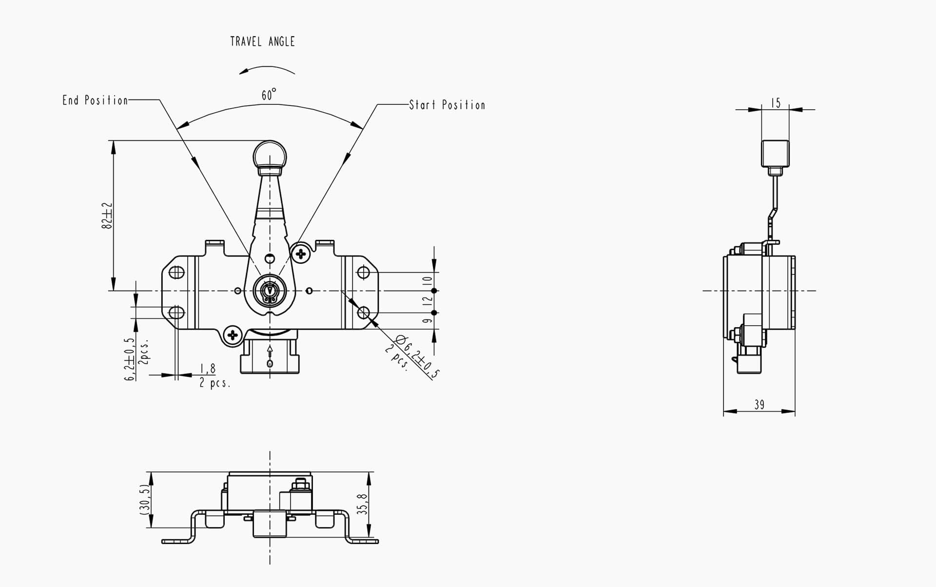 Technical drawing of the Makersan MO 378 opposite-mount rotary control lever.