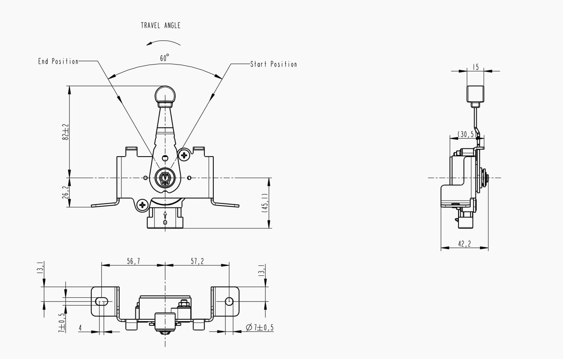 Technical drawing of the Makersan MO 378 sub-mount rotary control lever.