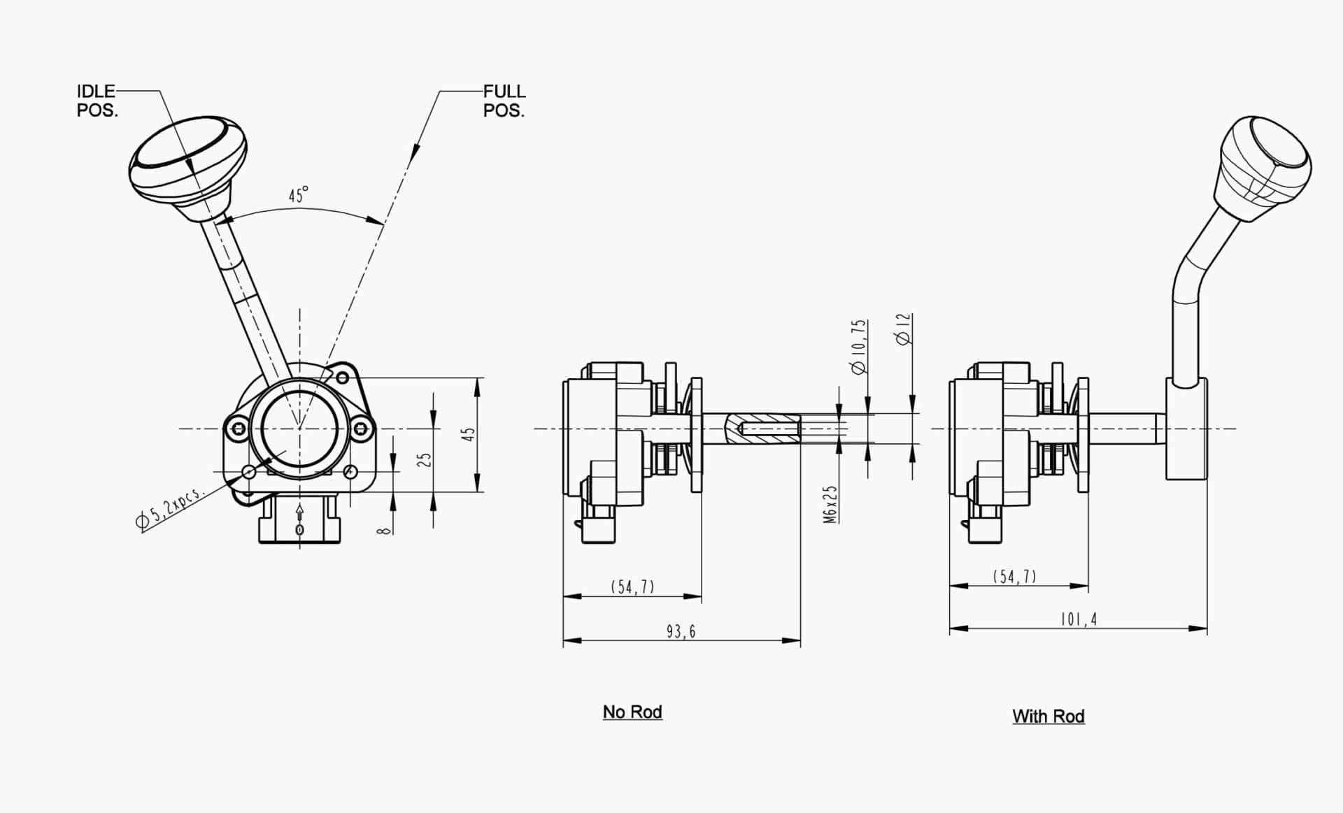 Technical drawing of the Makersan MO 378N rotary control lever.