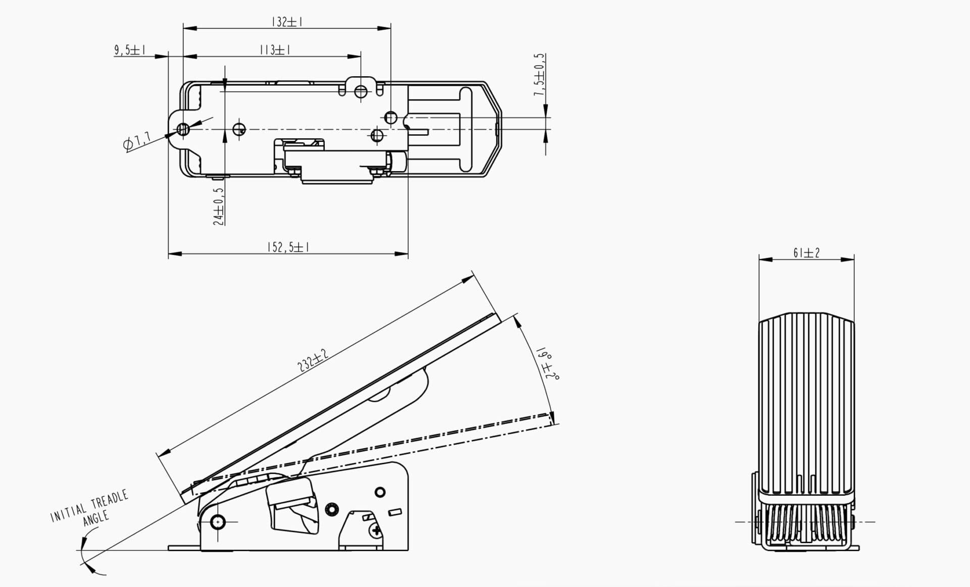 Technical drawing of the Makersan MO 129L long treadle accelerator pedal.