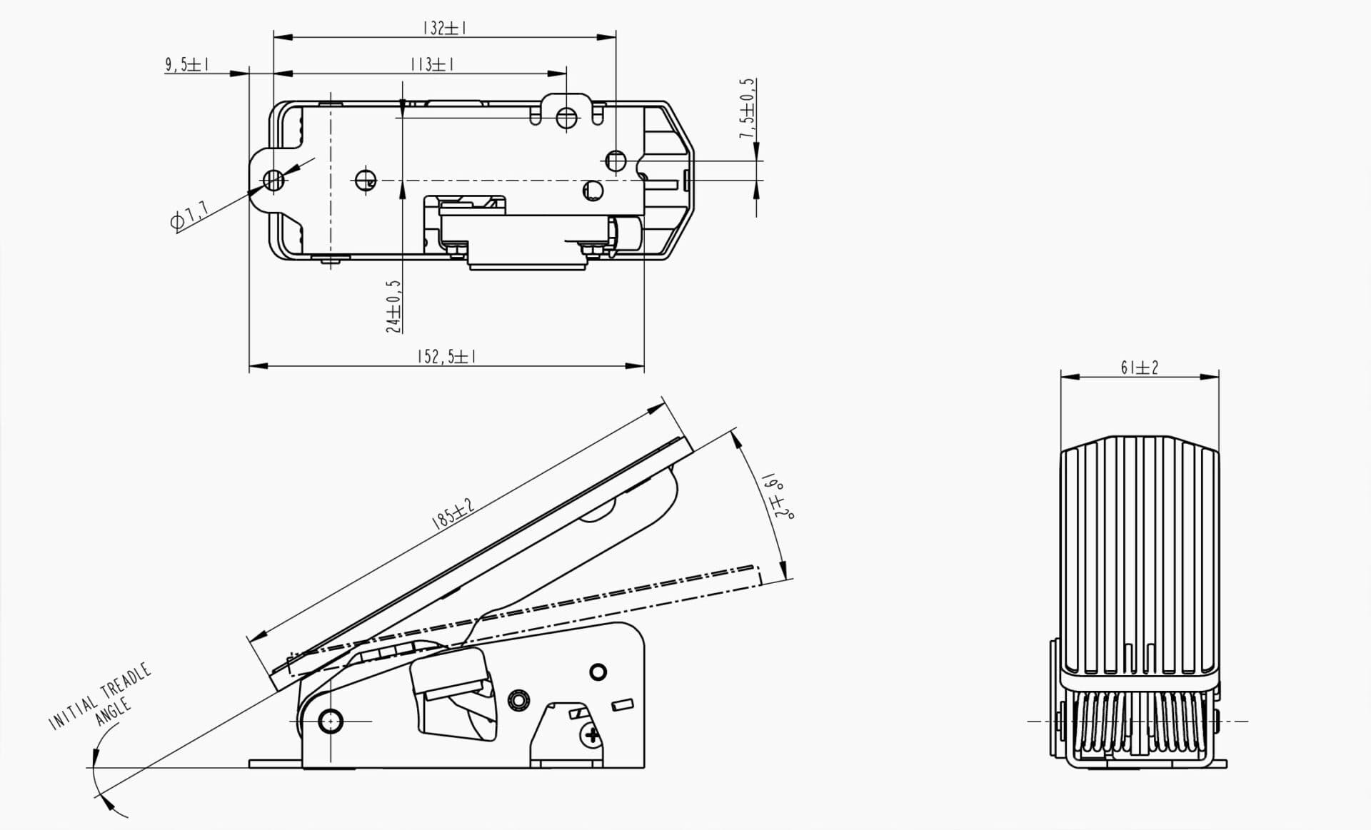 Technical drawing of the Makersan MO 129S short treadle accelerator pedal.