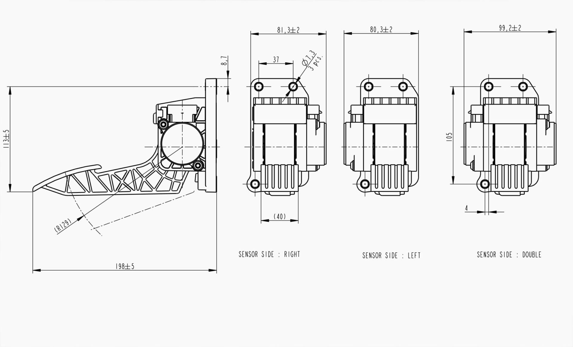 Technical drawing of the Makersan MO 370 suspended accelerator pedal.