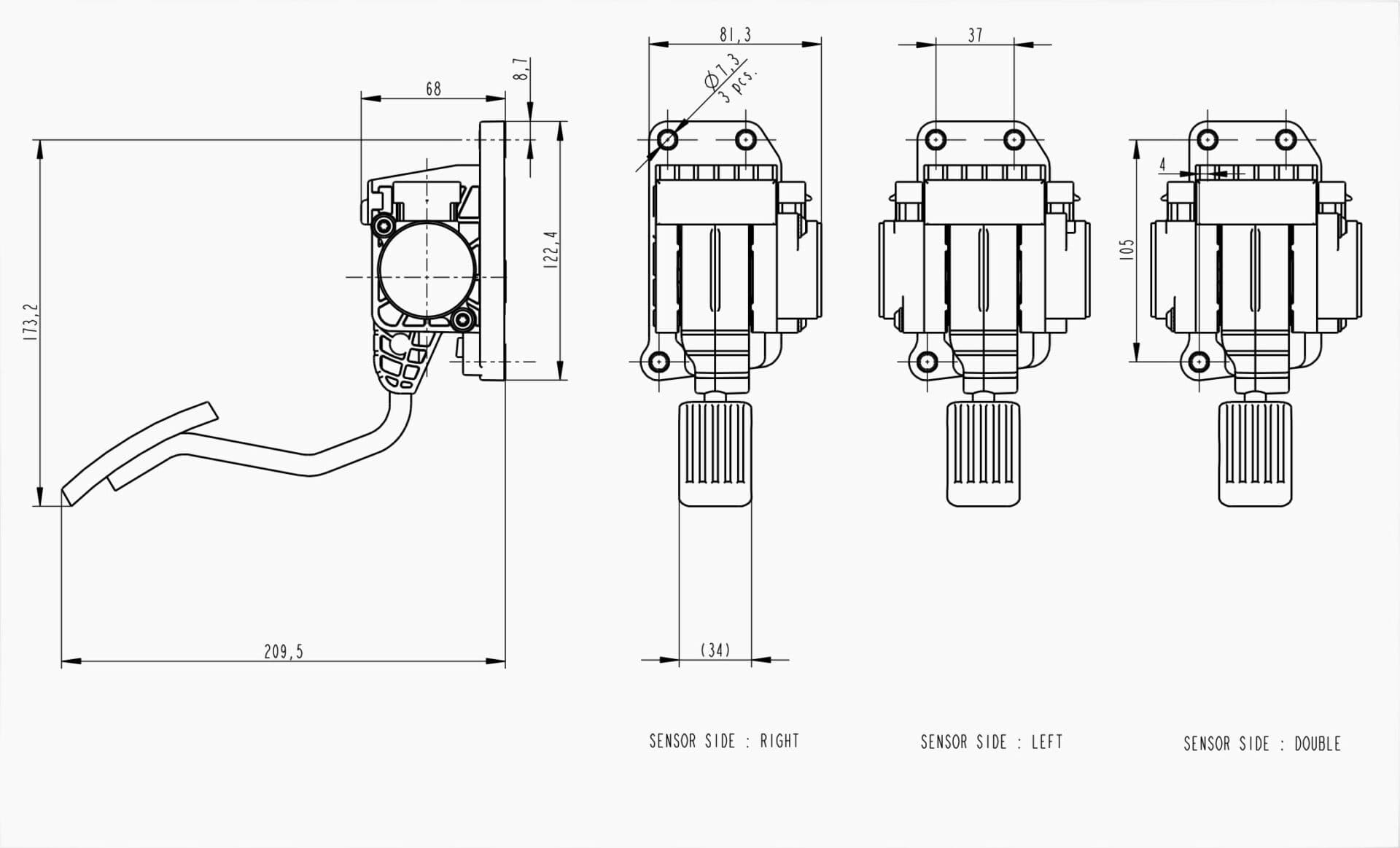 Technical drawing of the Makersan MO 372 suspended accelerator pedal.