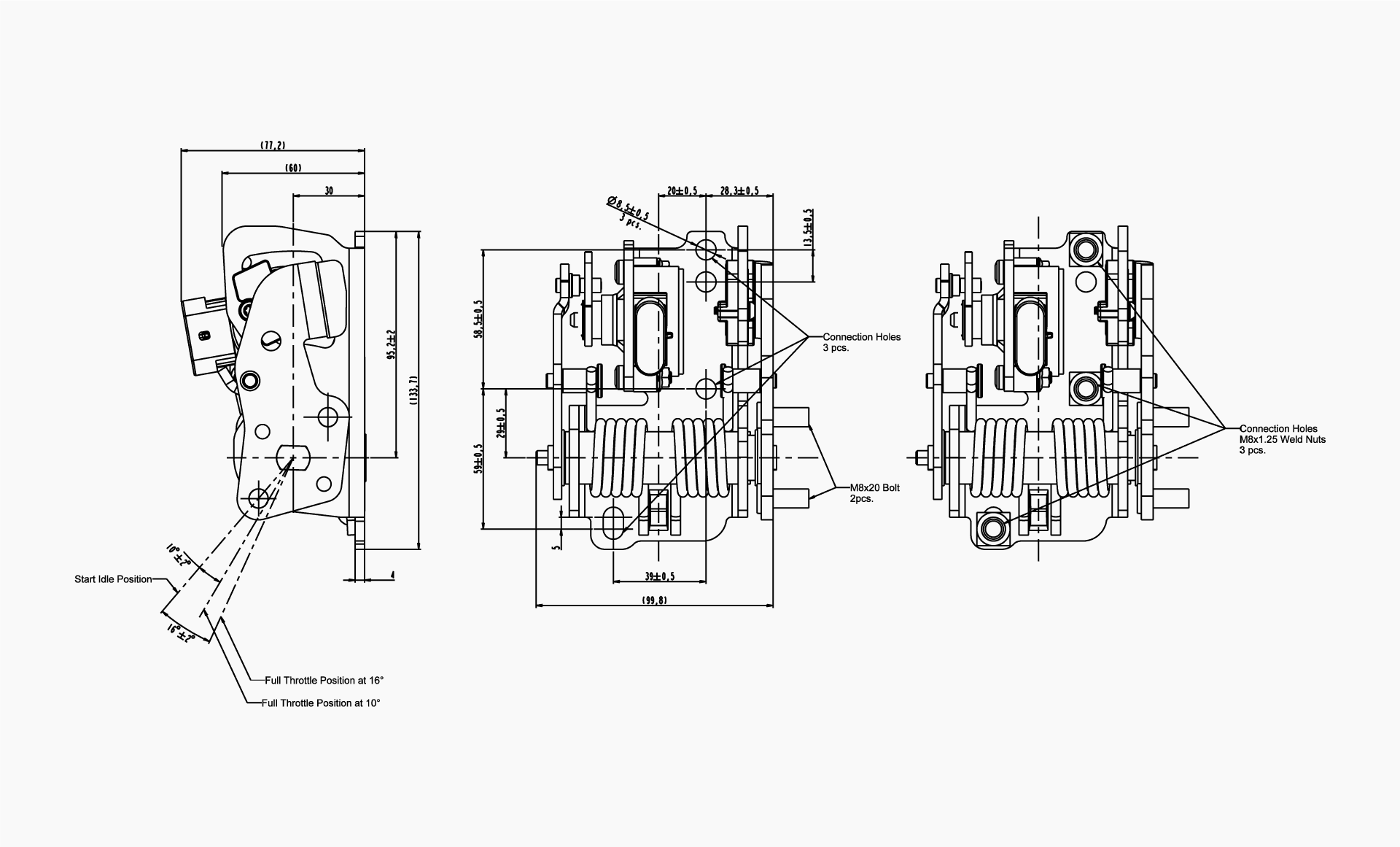 Technical drawing of the Makersan MO 382A right-side suspended tractor pedal.