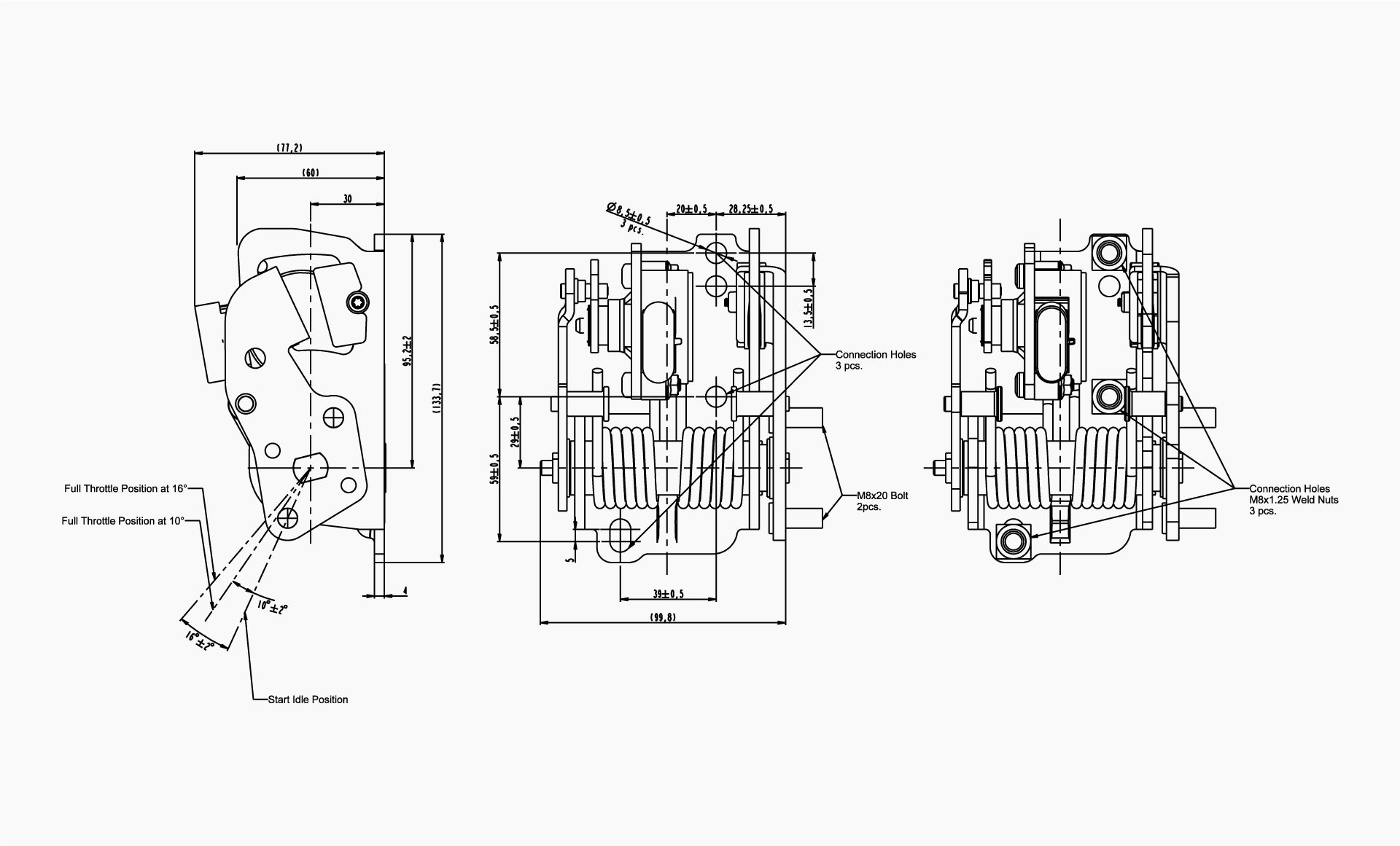 Technical drawing of the Makersan MO 382B right-side underfloor tractor pedal.