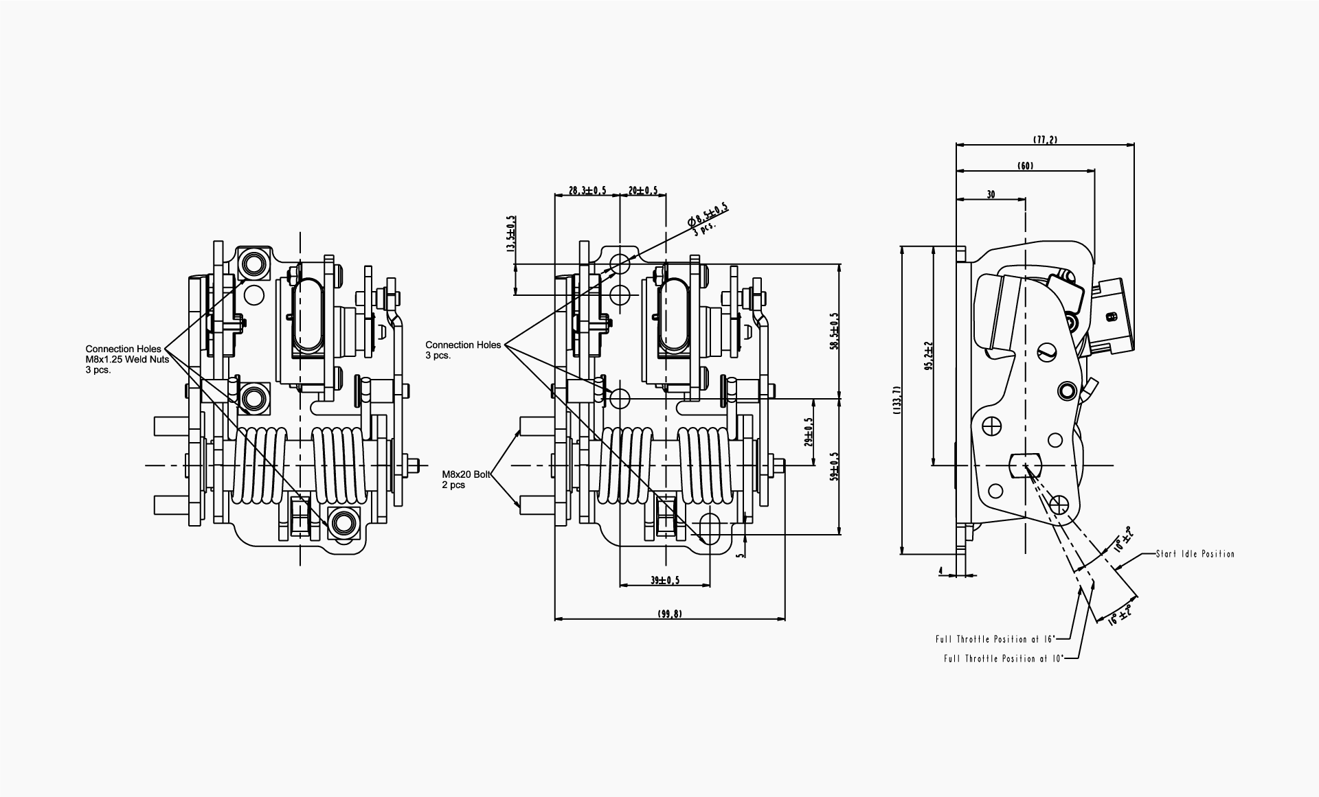 Technical drawing of the Makersan MO 382D left-side suspended tractor pedal.