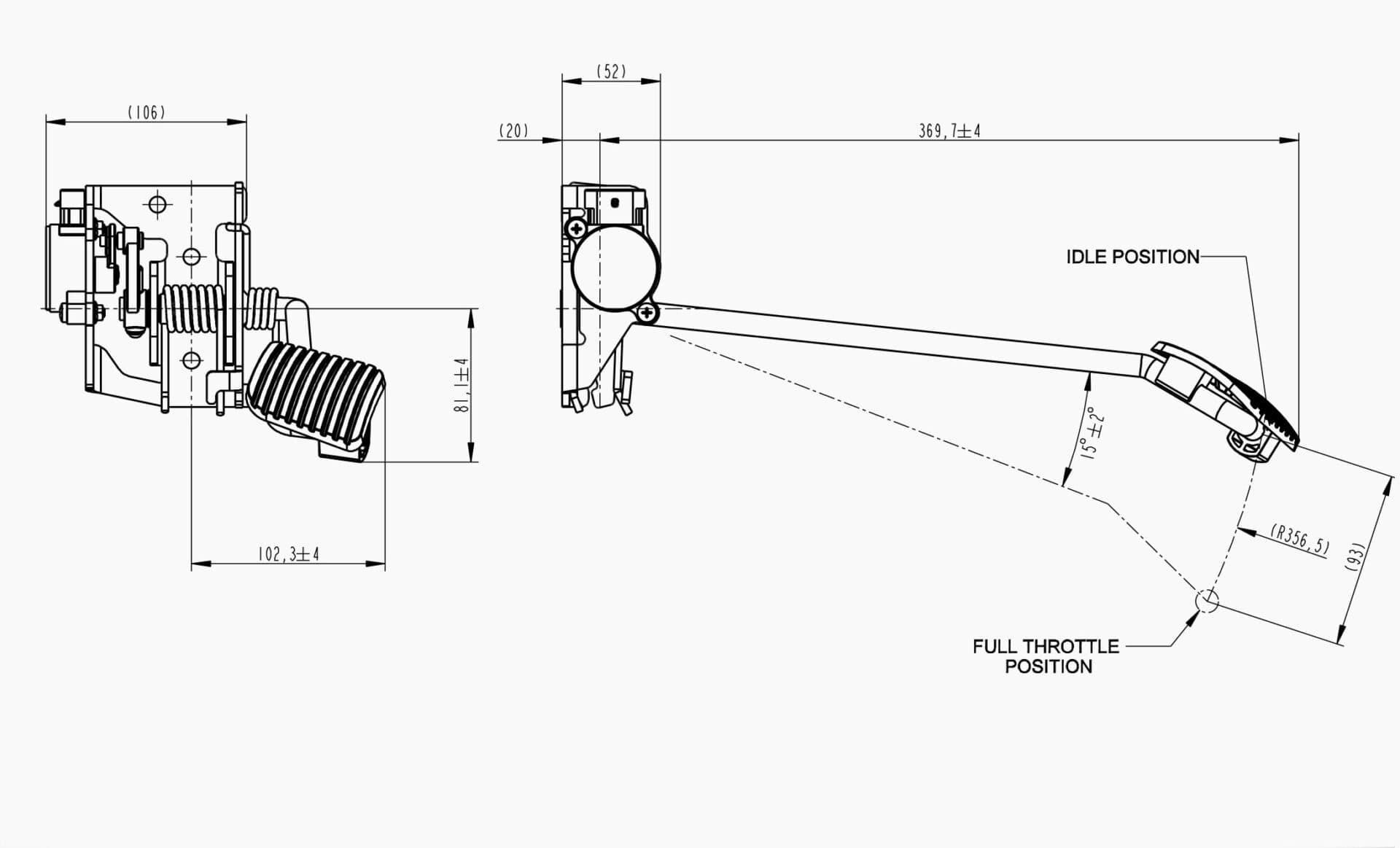 Technical drawing of the Makersan MO 383T suspended tractor accelerator pedal.