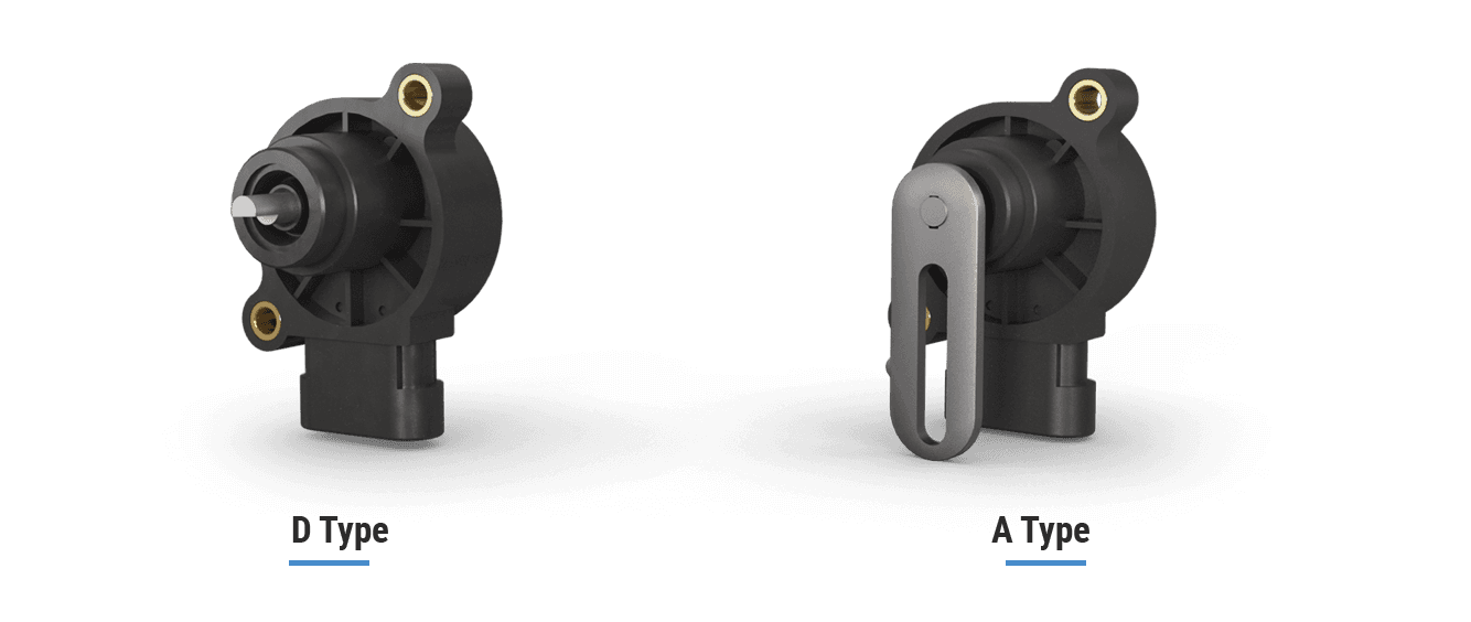 Makersan MO 450 rotary position sensor shown in shaft (A) and hollow-shaft (D) configurations.