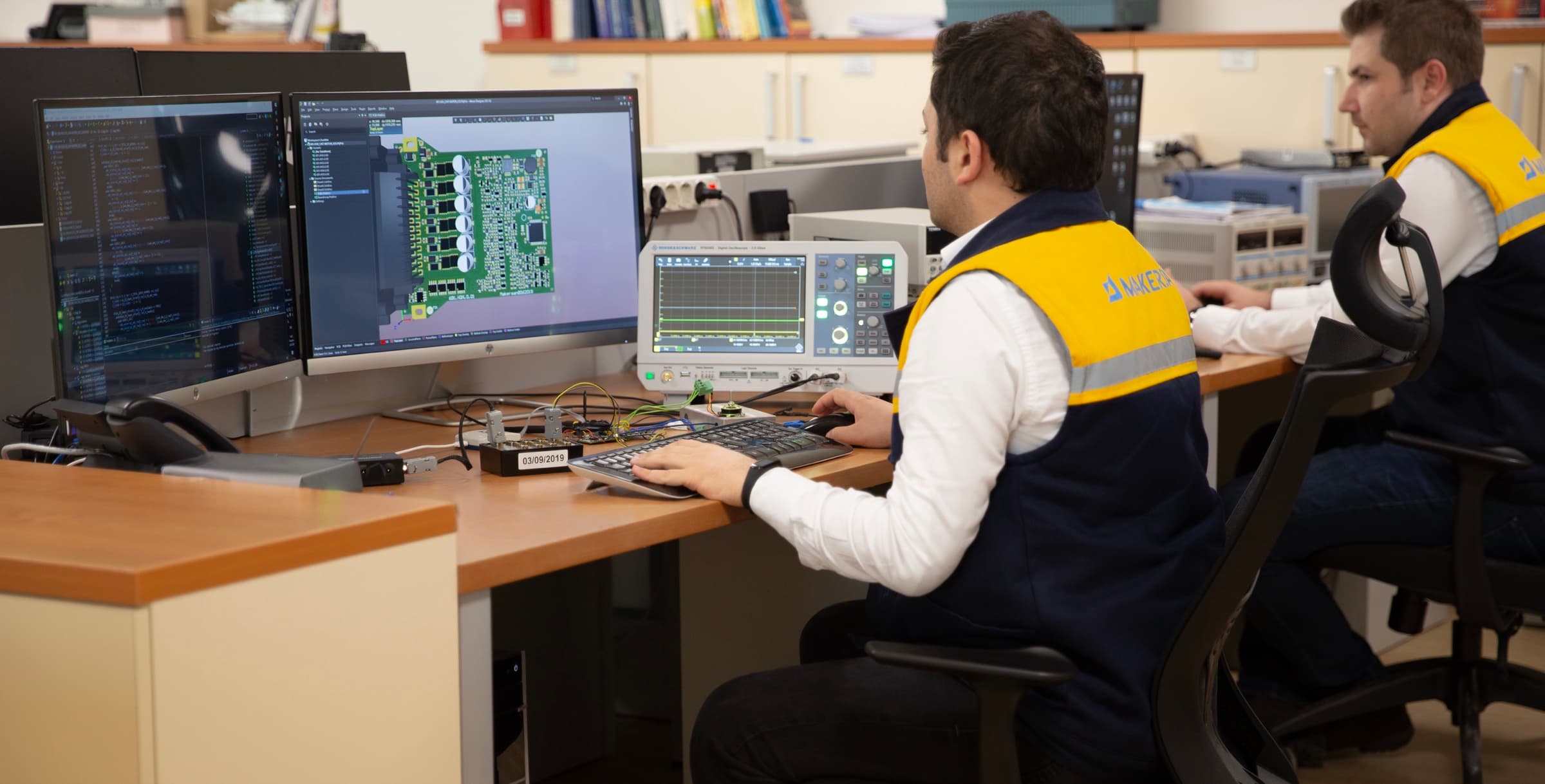 Makersan engineers developing PCB layouts and embedded software at the electronics R&D bench
